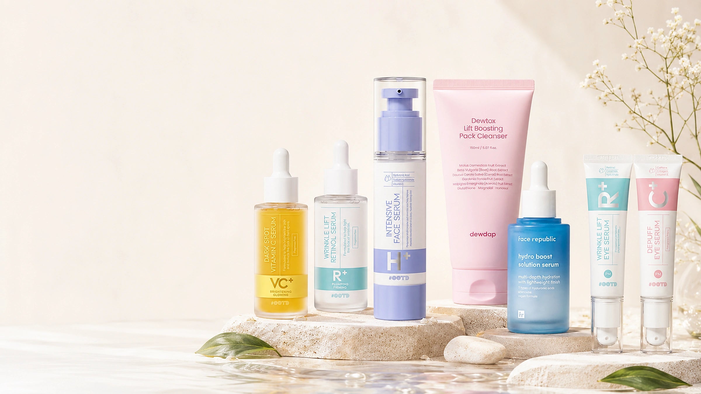 Collection of Korean facial and eye serums on a white surface with a light background