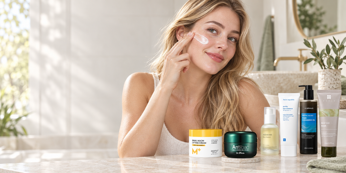 Woman applying moisturizer beside a curated selection of Korean skincare products on a sunlit bathroom counter.