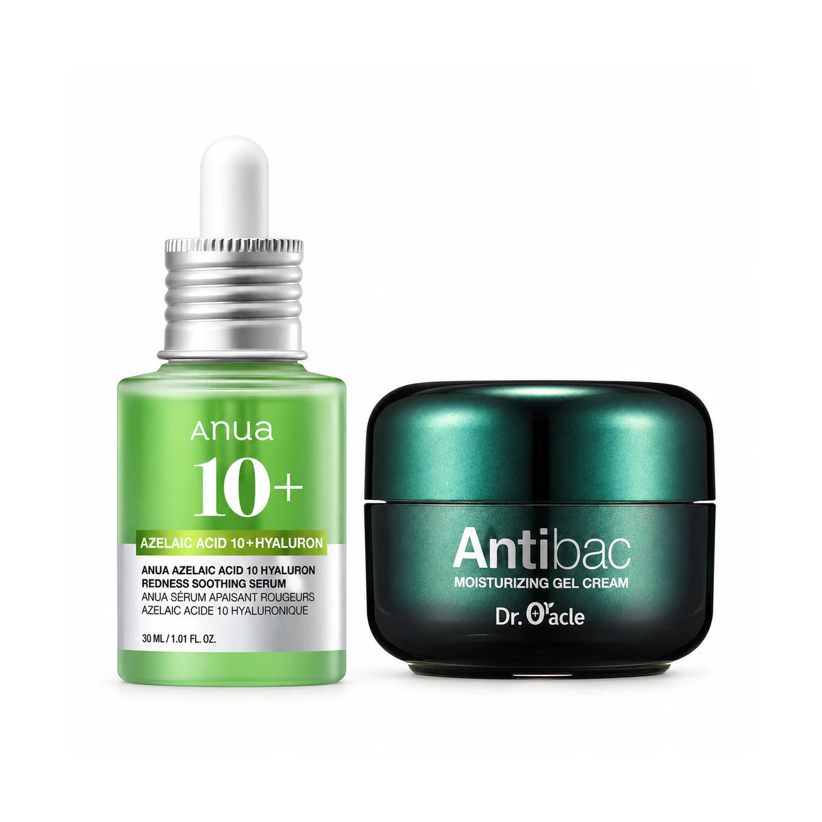 ANUA Azelaic Acid 10 serum and Dr. Oracle Antibac gel cream together on a pure white background