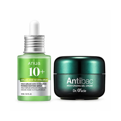 ANUA Azelaic Acid 10 serum and Dr. Oracle Antibac gel cream together on a pure white background