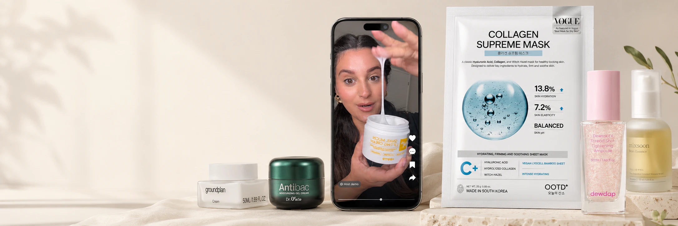 Haven Co. Beauty TikTok Picks hero image featuring a host demo on an iPhone with curated Korean skincare products and sheet masks