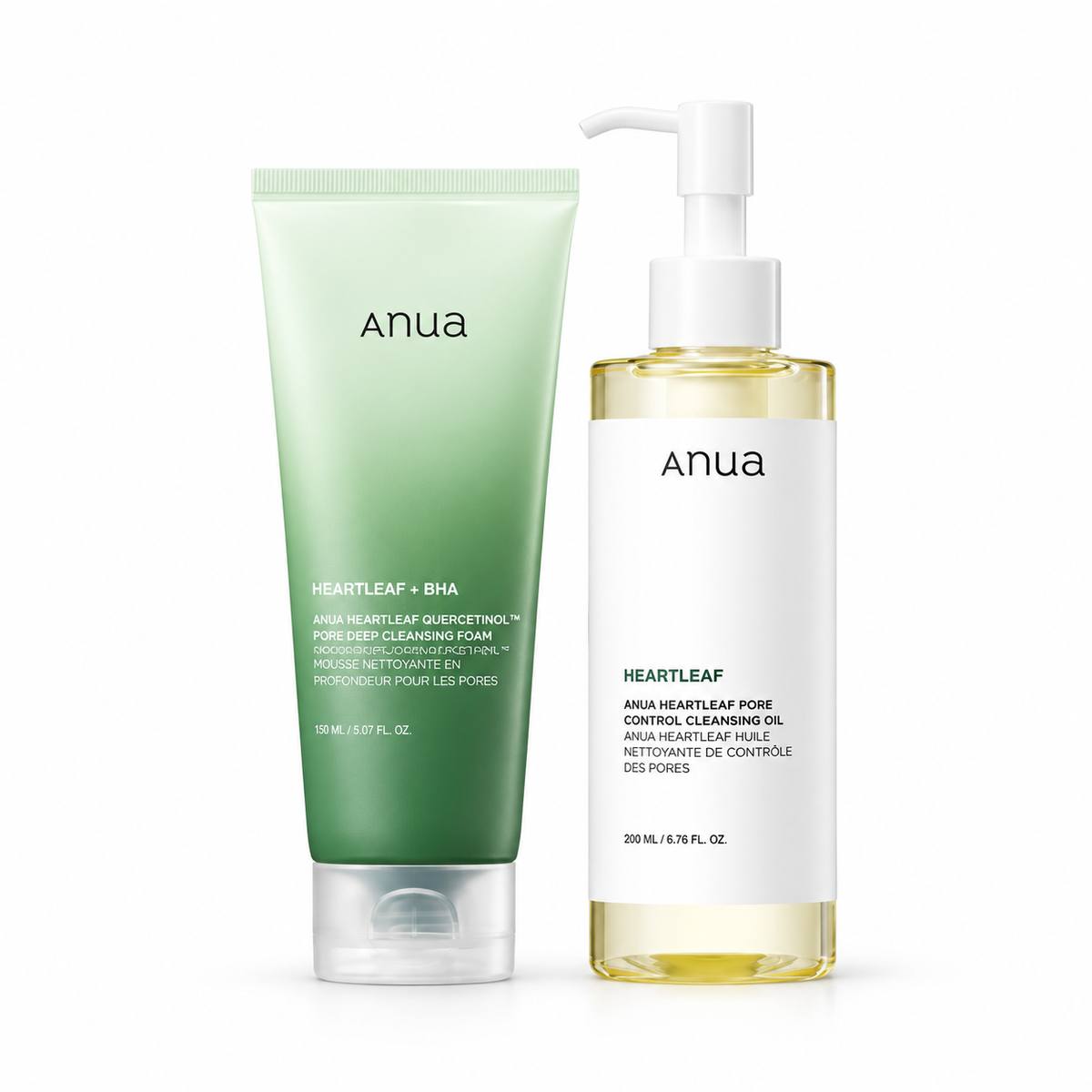 ANUA Heartleaf Pore Control Cleansing Oil and Heartleaf Quercetinol Pore Deep Cleansing Foam together on a white background.