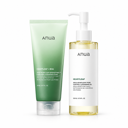 ANUA Heartleaf Pore Control Cleansing Oil and Heartleaf Quercetinol Pore Deep Cleansing Foam together on a white background.