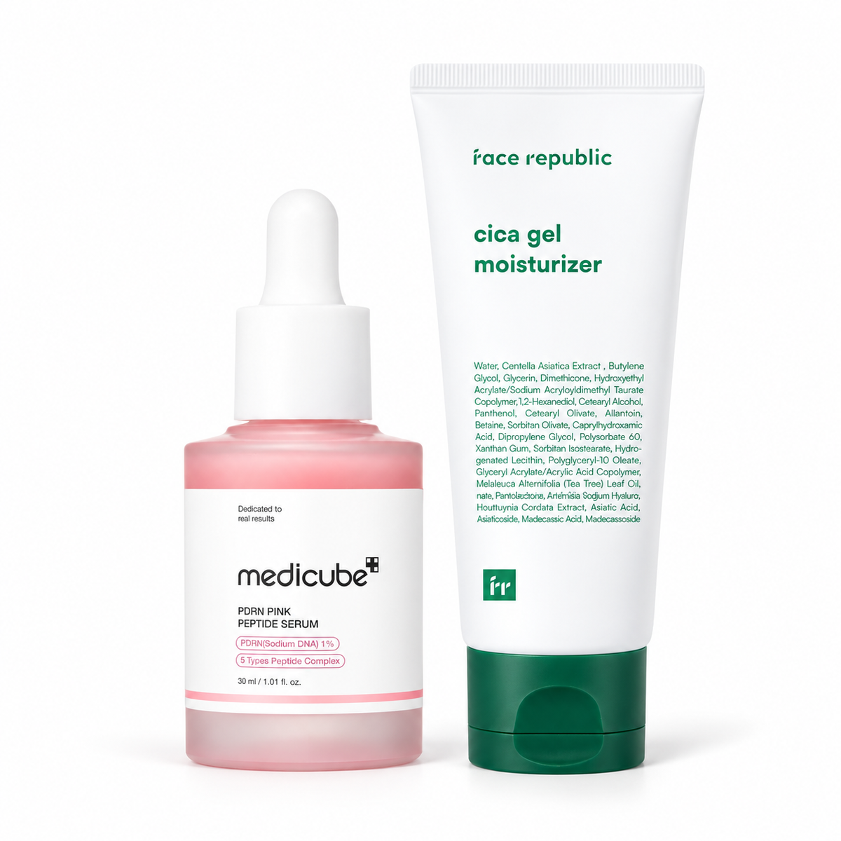 Medicube PDRN Pink Peptide Serum and Face Republic Cica Gel Moisturizer together on a white background.