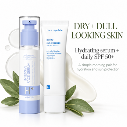 Both products in a dry and dull looking skin hydration and daily SPF 50+ benefit panel