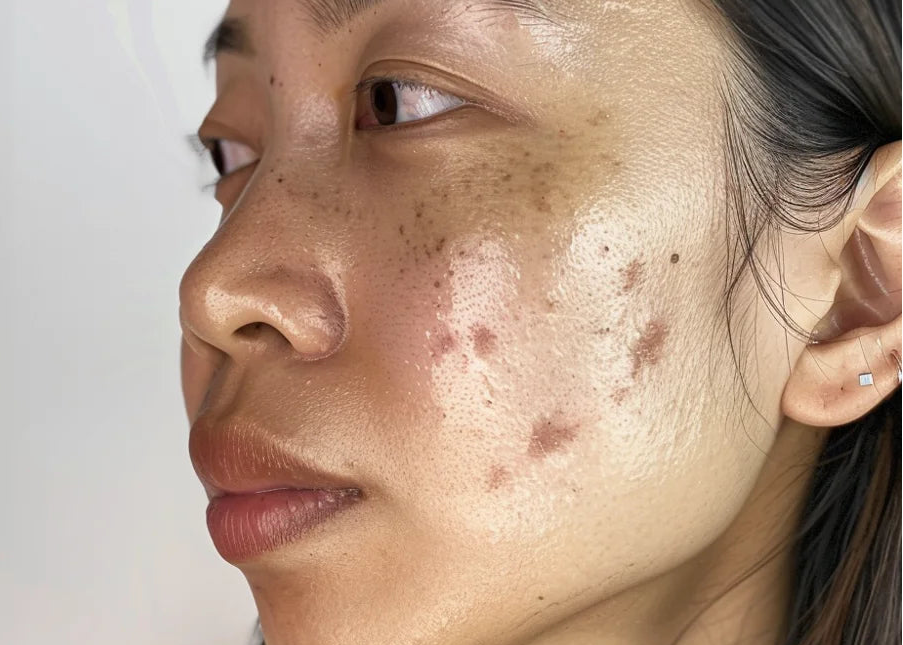 Close-up of flat brown marks on the cheek after acne.