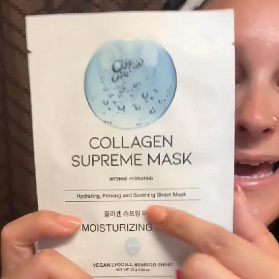 Watch a Haven Co. Beauty host demonstrate the serum-soaked texture and application of #OOTD Collagen Supreme Mask for Face (10 Sheets), show how to leave it on for 15–20 minutes after cleansing, and reveal a hydrated, soothed, firmer-looking glow. Leftover serum is applied to the neck for additional moisture. [demo-card]