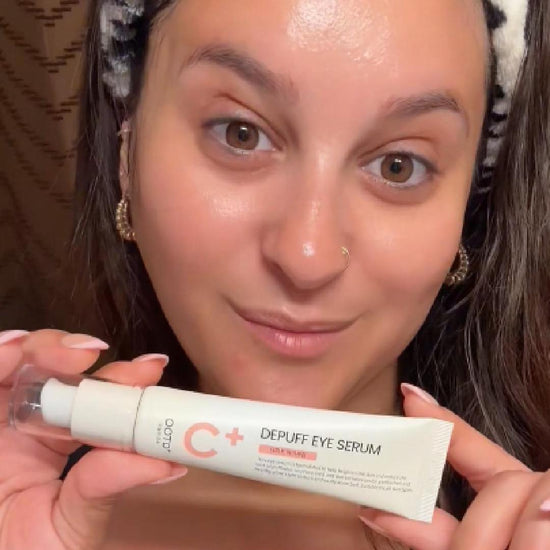 Watch a Haven Co. Beauty host demonstrate how to apply #OOTD Depuff Eye Serum to the under eye area and eyelids, tapping it in to target the look of puffiness, dark circles, and under eye bags. It contains collagen, caffeine, and vitamin E for a depuffing and brightening eye care step. [demo-card]